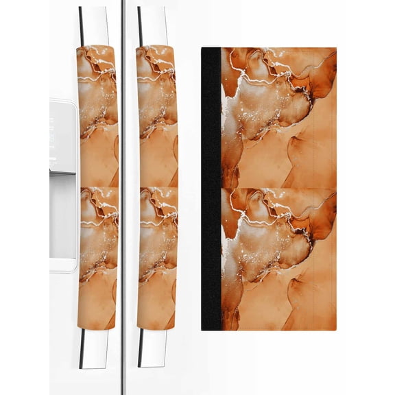 Marble Burnt Orange Refrigerator Door Handle Covers Set of 2, Modern Abstract Ink Painting Luxury Kitchen Fridge Microwave Oven Dishwasher Stove Cabinet Handle Protectors, Washable Appliance Decor