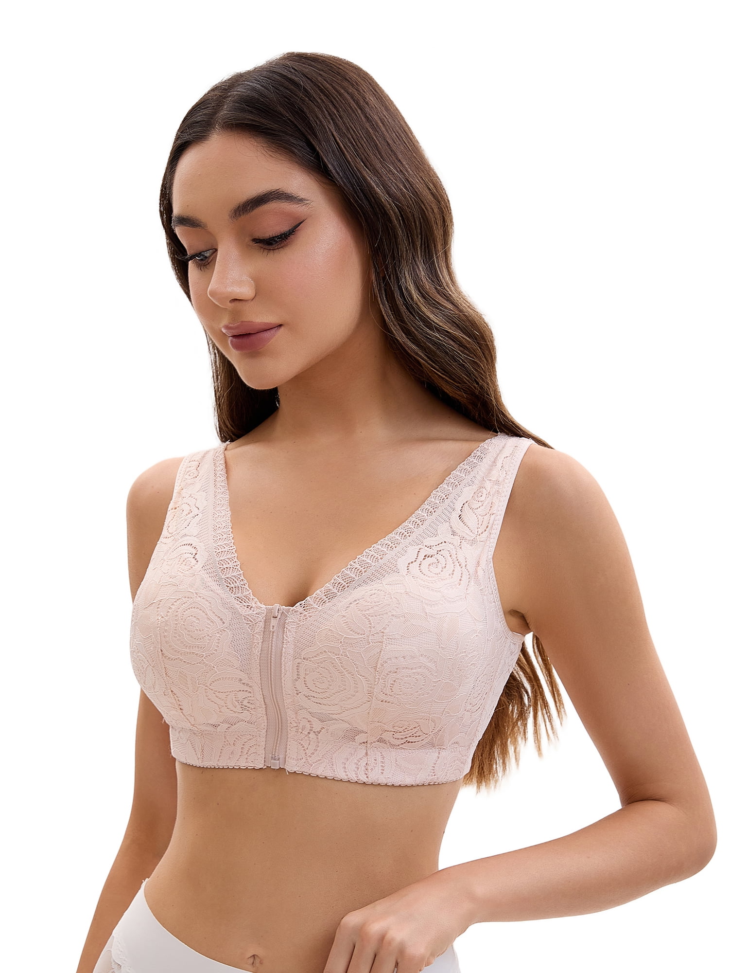 Unique Bargains Women's Lace Zip Front Closure Wirefree Wide Straps Bras D 46 Pink