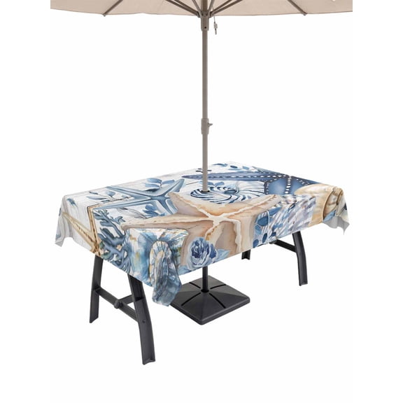 Outdoor Tablecloths with Umbrella Hole & Zipper, Blue Starfish Coastal 60 x102 Inch Rectangle Tablecloths, Eucalyptus Summer Nautical Shell Wooden Waterproof Table Cloth, Patio/Pool Table Covers
