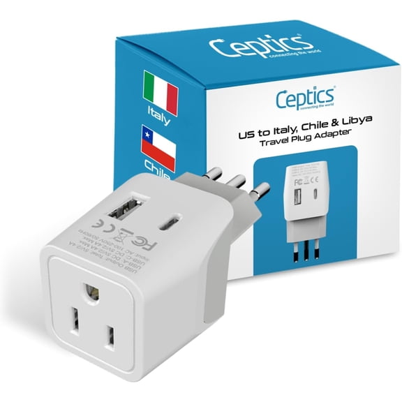 Italy Travel Plug Adapter  Type L Italy Power Adapter with USB-C & A + USA Input Compact, Safe Grounded for Phones, Laptops & More (CTU 12A)