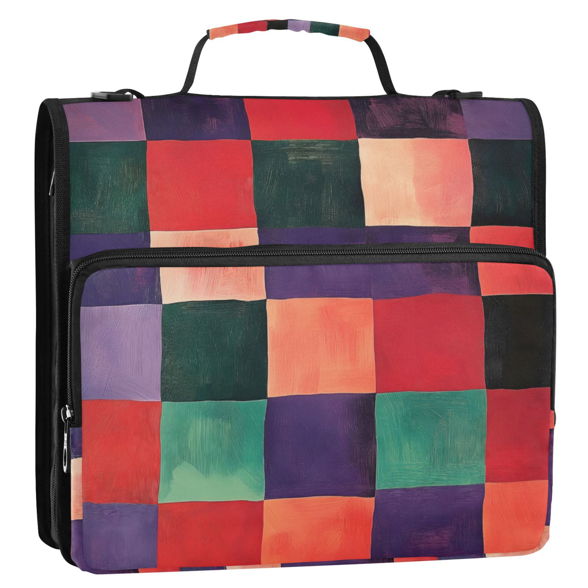 FORMRS Zipper Binder with Shoulder Strap 2-inch Ring 500 Sheet Capacity File Bag, Red and Purple Plaid Pattern