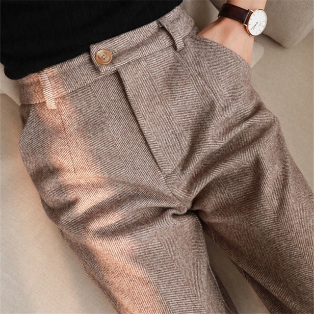 Pantalones de lana de espiga para mujer, pantalones de traje casuales de cintura alta adelgazantes con pies estilo harén y diseño de rábano para otoño e invierno