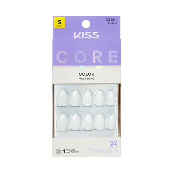KISS CORE Color Press On Nails Almond, ‘Lyrical’, White, Short, 32 Count