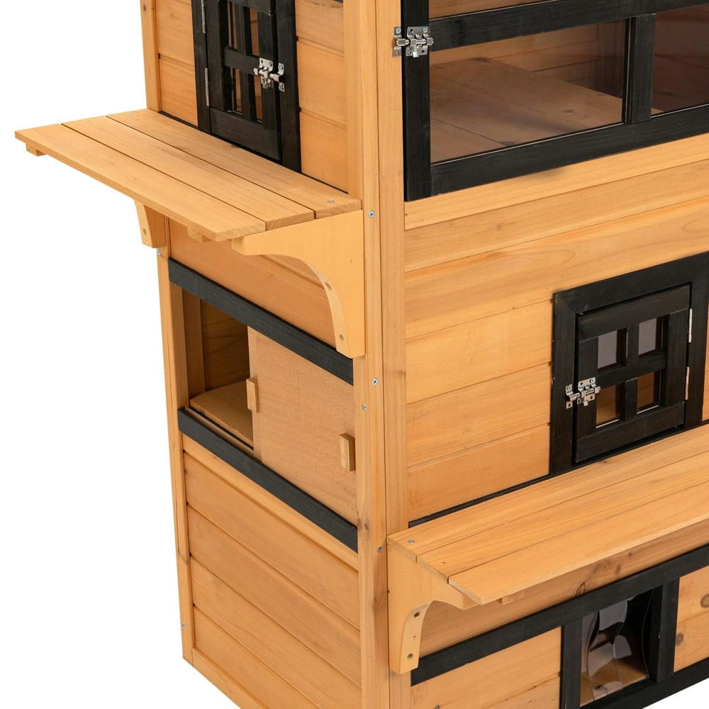 Topcobe Outdoor Cat House, 3-Tier Kitty Shelter with 5 Escape Doors, Weather Resistant, Outdoor Wooden Feral Cat Shelter, Yellow & Black