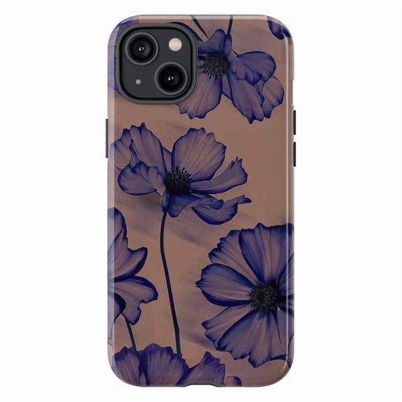 Moody Blue Floral Phone Case, Elegant Botanical Art Design on Taupe Background, Aesthetic Protective Cover Compatible with iPhone 16 15 14 13 12 11 Plus Pro Max Mini