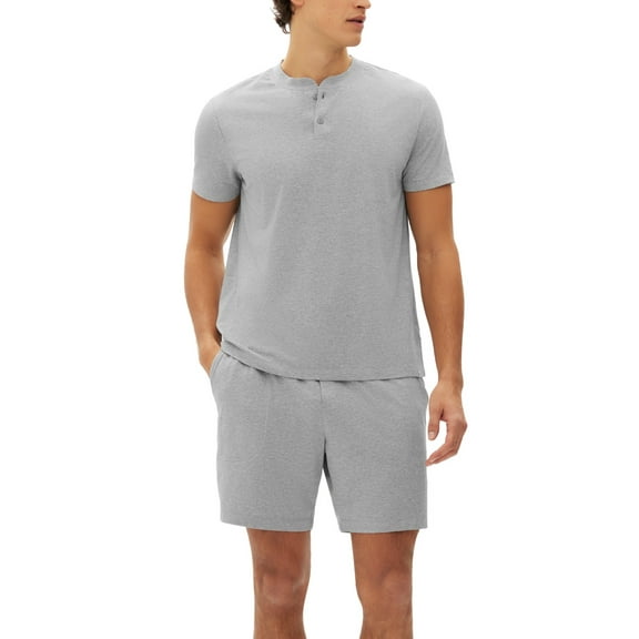 GAP Mens 2 Pc Heathered Henley T Shirt and Shorts Pajama Set Grey XL