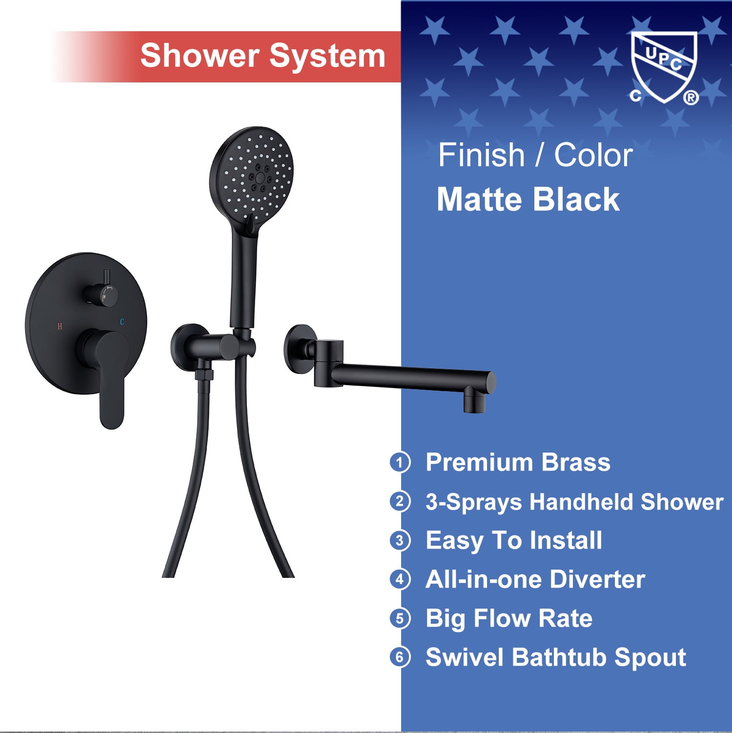 Rainlex One-Handle 1-Spray Setting Matte Black Bathtub Shower Faucet