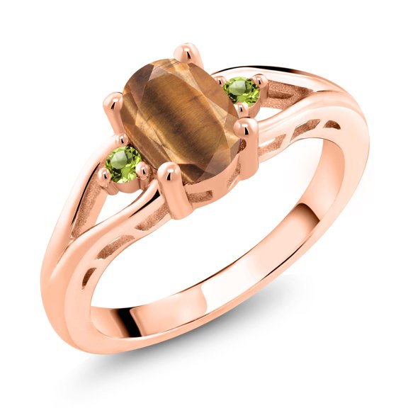 Gem Stone King 18K Rose Gold Plated Silver Brown Tiger Eye and Green Peridot 3 Stone Engagement Ring for Women | 1.35 Cttw | Oval 8X6MM | Round 2MM | Gemstone Birthstone | Size 9