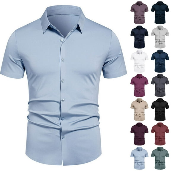 ZZwxWA Mens Short Sleeve Shirt Single Breasted Wedding Party Casual Solid Color Button-Down Shirts Business Slim Fit Lapel Formal Shirt