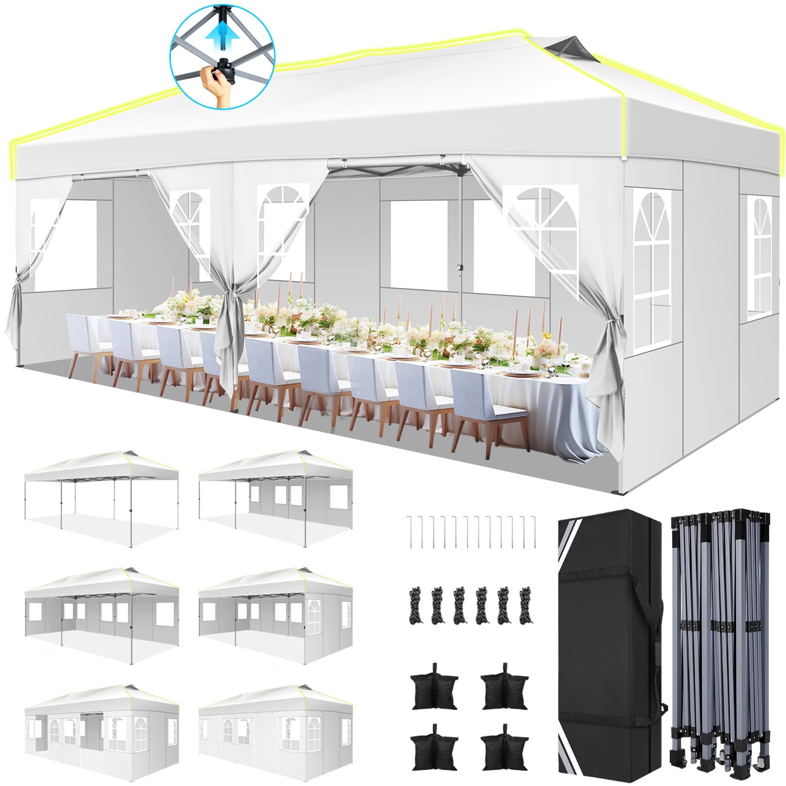 HOTEEL 10x20 Pop up Canopy Tent with 6 Sidewalls, Canopy for Outside Instant Waterproof Party Canopy Tent for Beach Garden Party Camping Outside with Air Vent,Reflective Strip,4 Sandbags,White