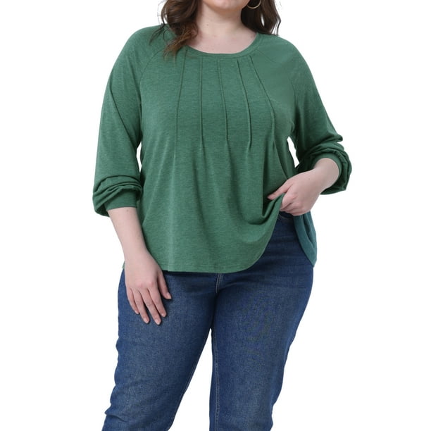 Agnes Orinda Blusas de Talla Grande para Mujeres, Camisetas de Cuello Redondo con Pliegues, Camisas de Manga Larga Elegantes 1X Verde