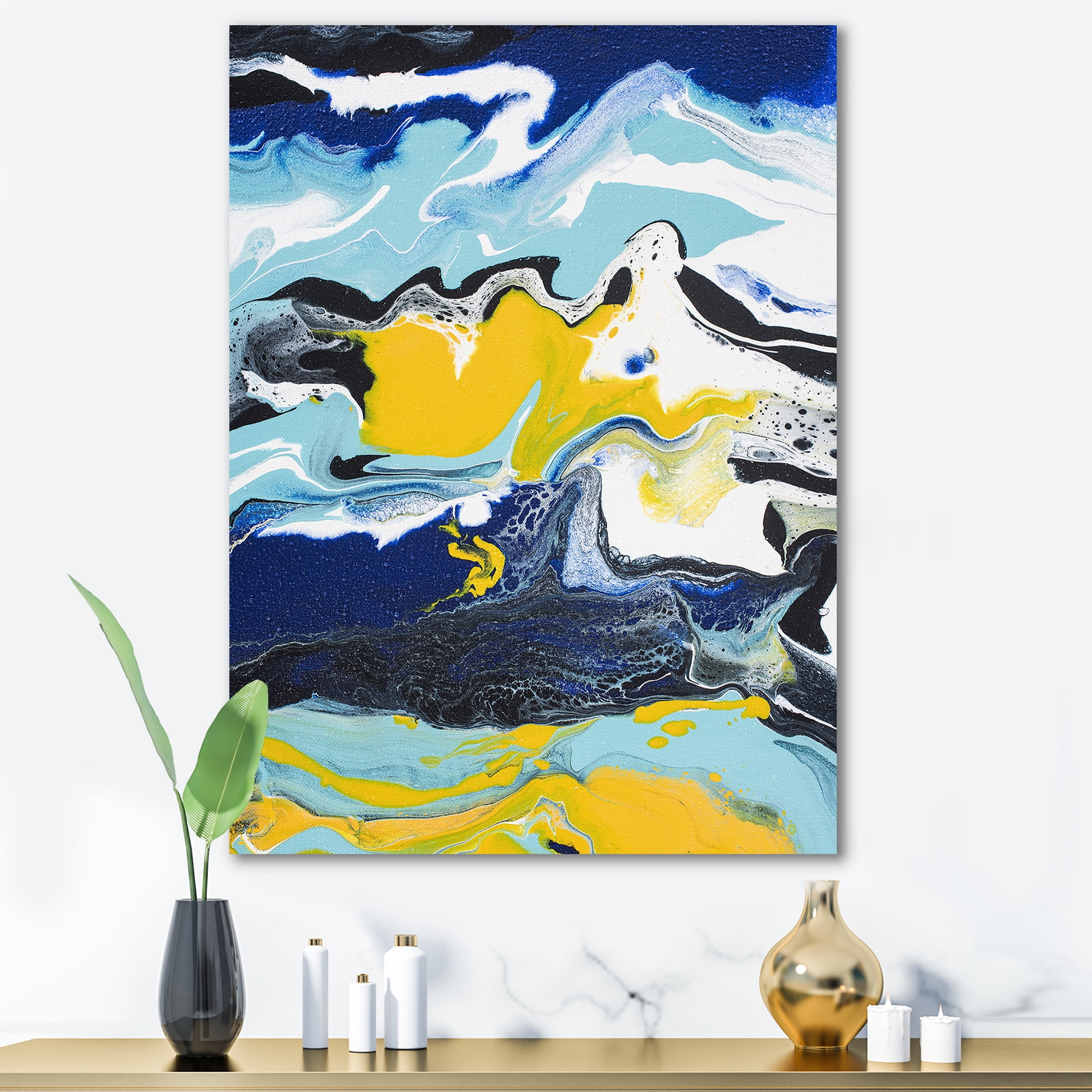 Designart ' Abstract Marble Composition In Blue and Yellow II ' Modern Canvas Wall Art Print