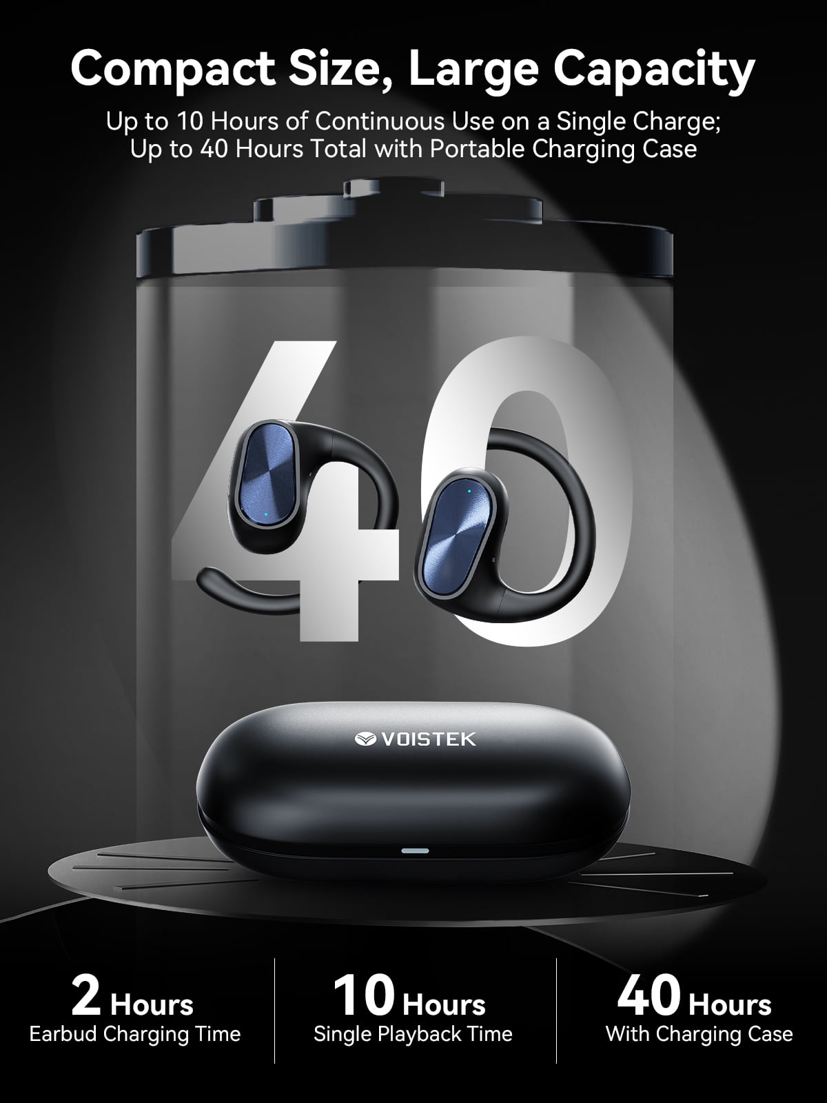 Voistek OBT-020 Wireless Open-Ear Earbuds for Running, Gym, Hiking, Commute | 8H Playtime, Auto Pairing, Bluetooth 5.3, IP57 Sweatproof, Secure Ear Hook - Black