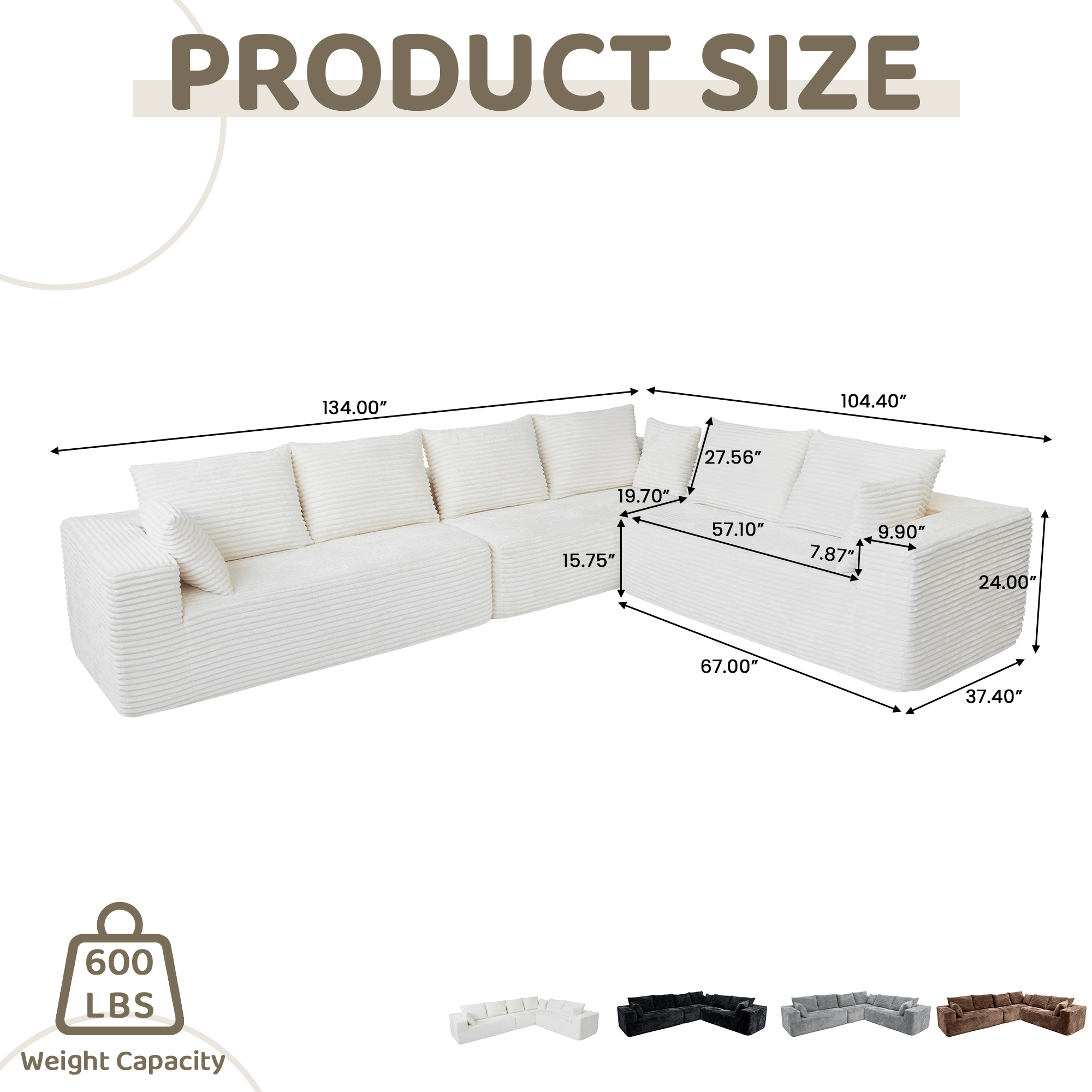 134" Modern L-Shaped Sectional Sofa for Living Room Bedroom, Modular Cloud Sectional Couch with Deep Seating Upholstered Sofa, Free Combination Sofa, Corduroy Upholstery, No Assembly, Beige Couch