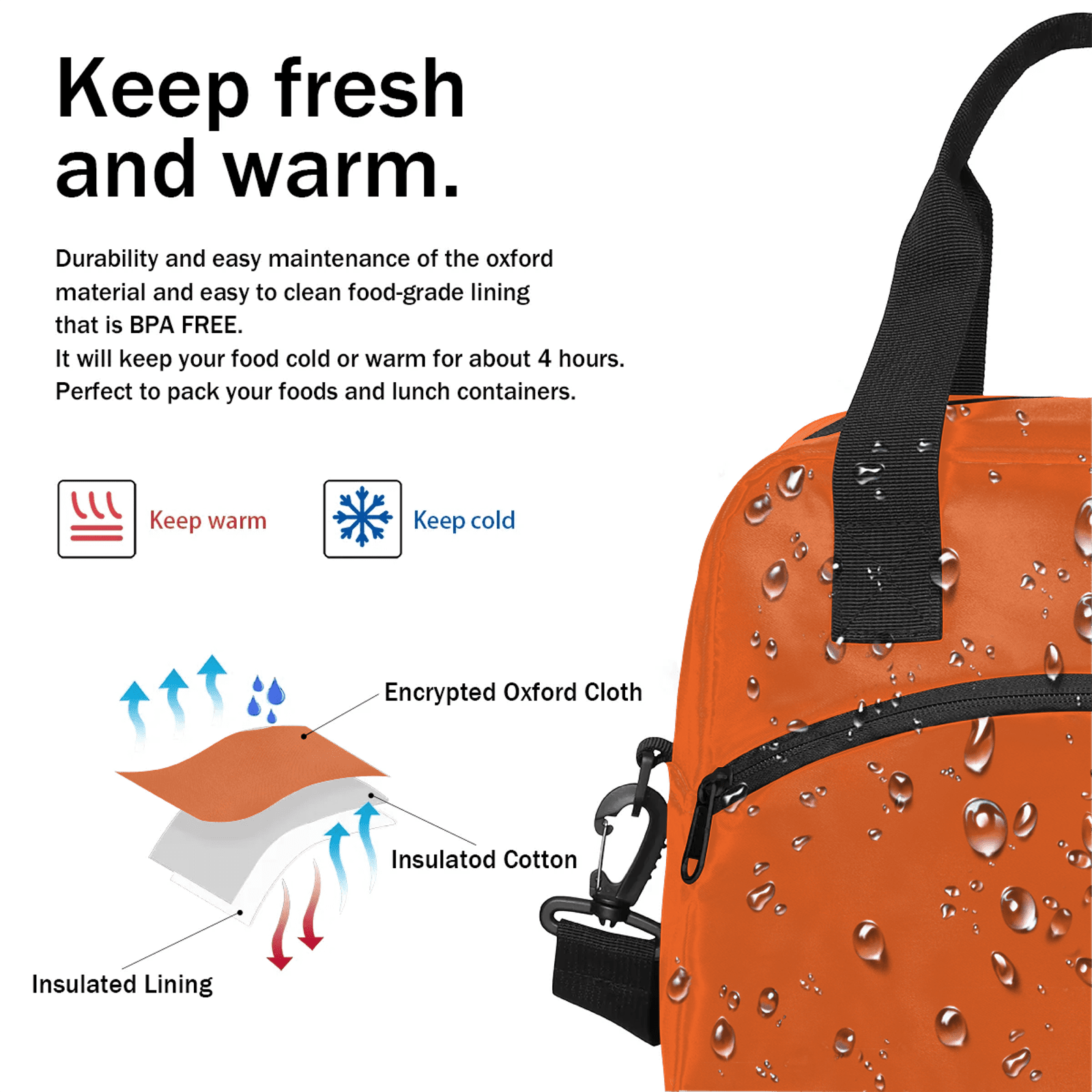 Herdesigns Orange Lunch Bag for Adults Men Women Insulated Reusable Lunch Box Leakproof Cooler Tote Bag with Adjustable Shoulder Strap