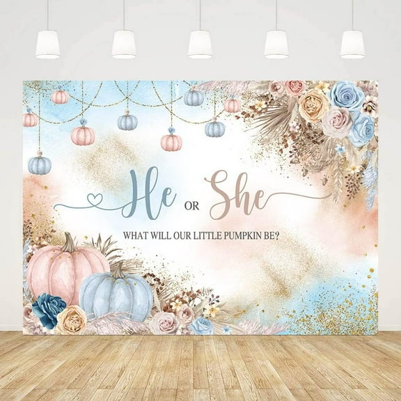Gender Reveal Beautiful Backdrop He or She What Will Our Little Pumpkin Be Background Pink Blue Pumpkins and Flowers Decorations Banner for Photography