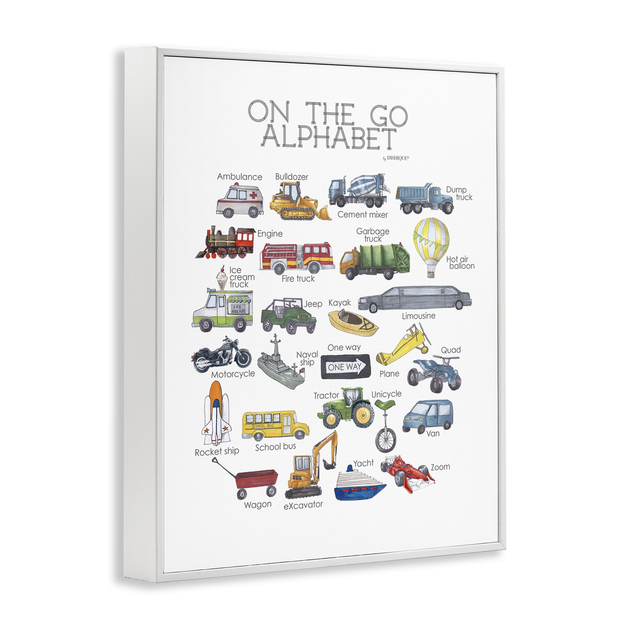 Stupell Industries On The Go Transportation Alphabet Art for Kids Painting White Framed Art Print Wall Art, 24 x 30