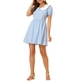 thumbnail image 5 of INSPIRE CHIC Women's Contrast Peter Pan Collar Puff Sleeve Fit and Flare Above Knee Dress XS Blue, 5 of 7