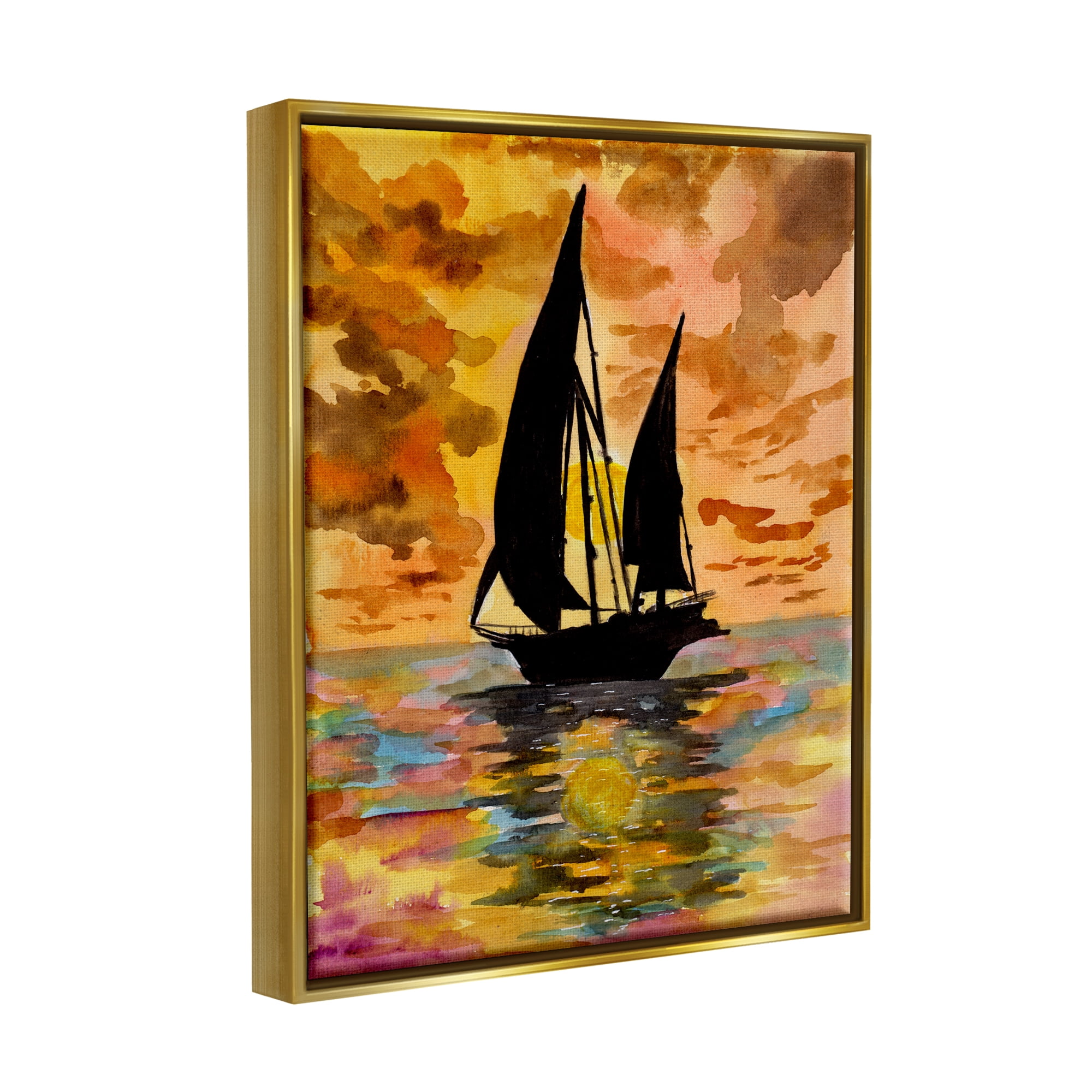 Stupell Industries Sailboat at Sunset Transportation Painting Gold Floater Framed Art Print Wall Art, 17 x 21