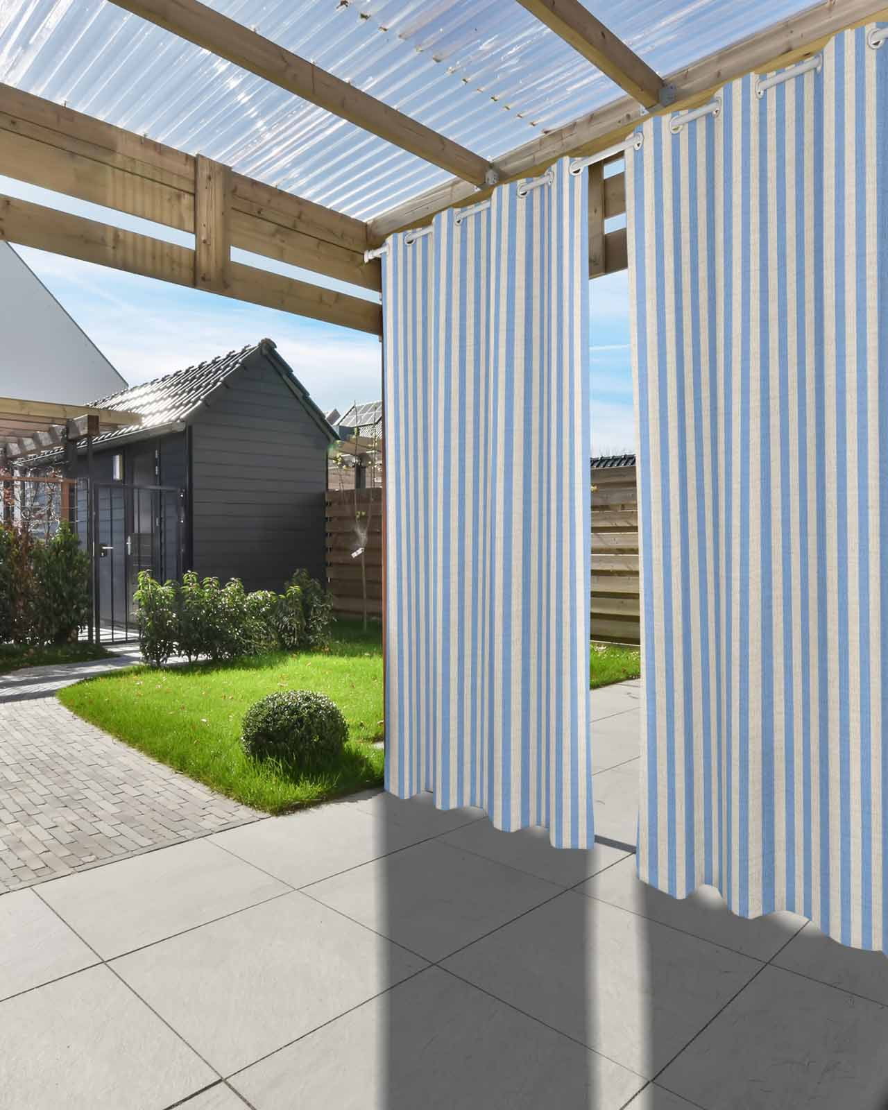 Blue Striped Outdoor Curtains for Patio, Modern Simple Farmhouse Beige Vintage Privacy Drapes Grommet Waterproof Outside Curtains for Porch/Cabana/Balcony 54"x 95", 2 Panel