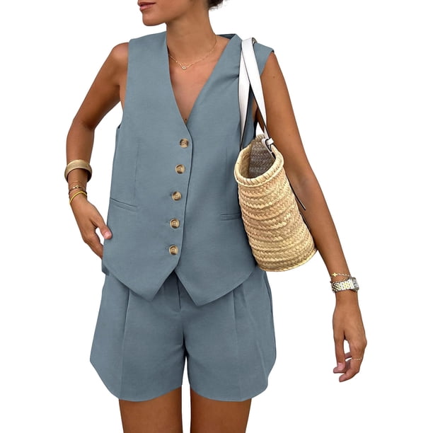 Conjunto Coordinado PRETTYGARDEN Chaleco sin Mangas y Shorts Gris Azul XS