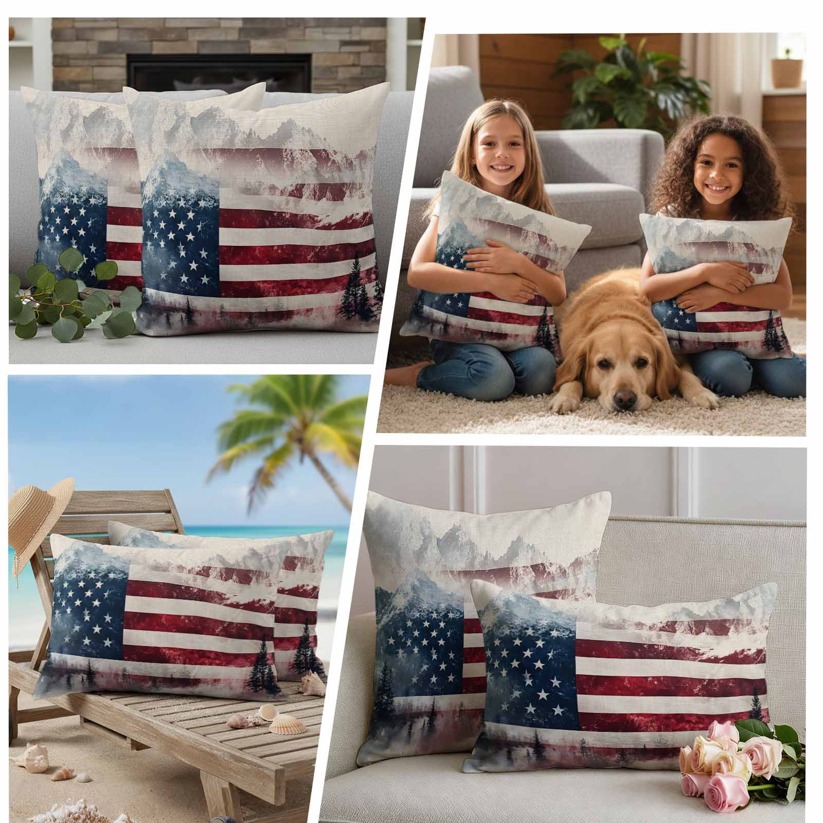 4th of July Outdoor Waterproof Pillow Covers, Forest Independence Day USA Flag Decorative Square Throw Pillowcase Sofa Cushion Sham for Patio/Couch/Chair, 18"x18" 2 Pack