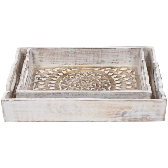Northlight Set of 2 Brushed White Mandala Display Trays with Handles 18"