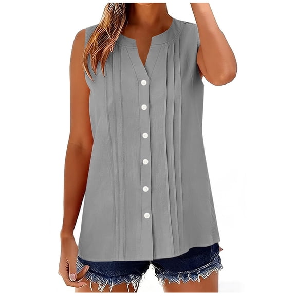 Vekome Womens Button down Shirts Plus Size Sleeveless Tops V Neck Casual Blouses Solid Color Summer Tee Shirts Gray 2XL