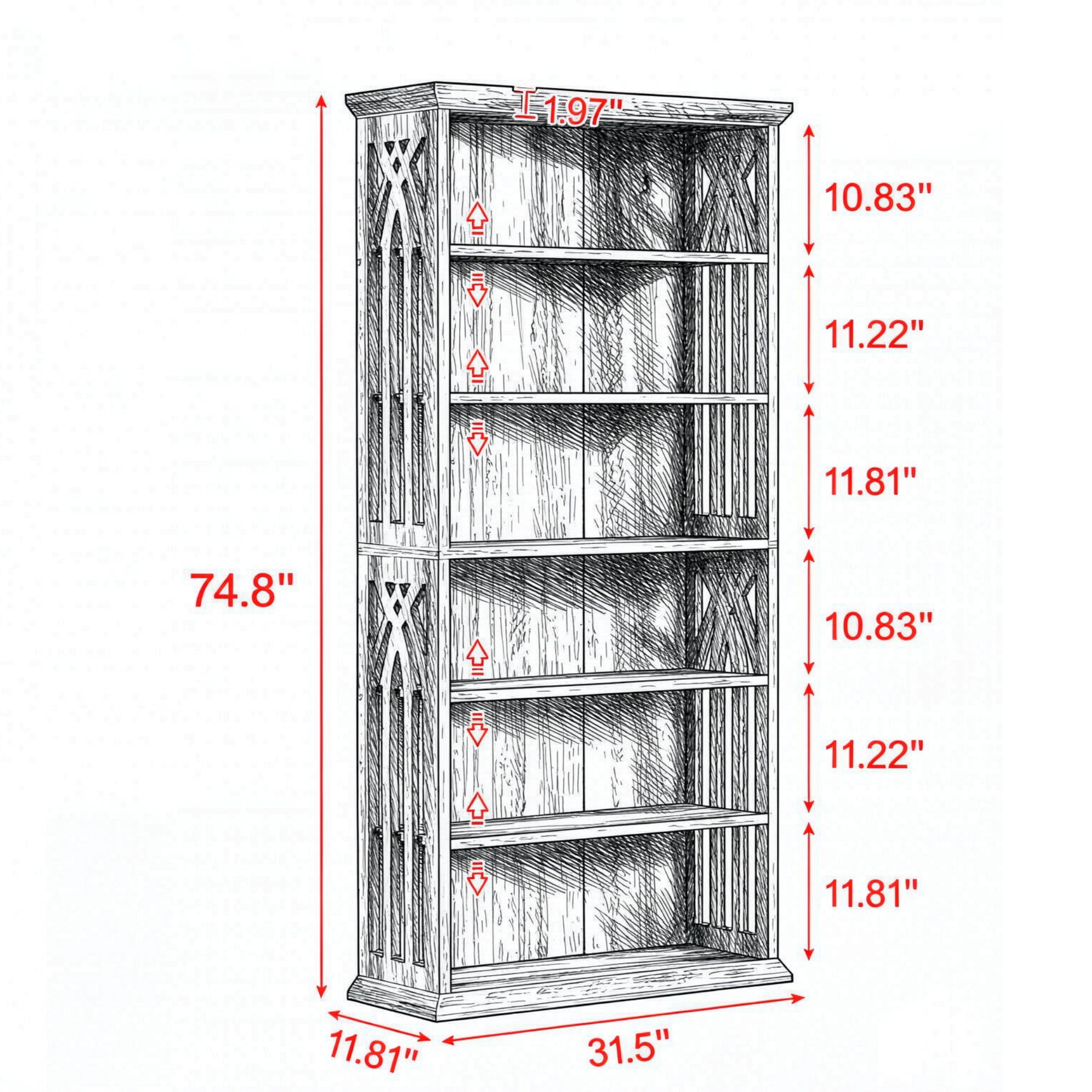 75 Inch 6 Tier Bookcase with Display Shelves and Storage Etagere