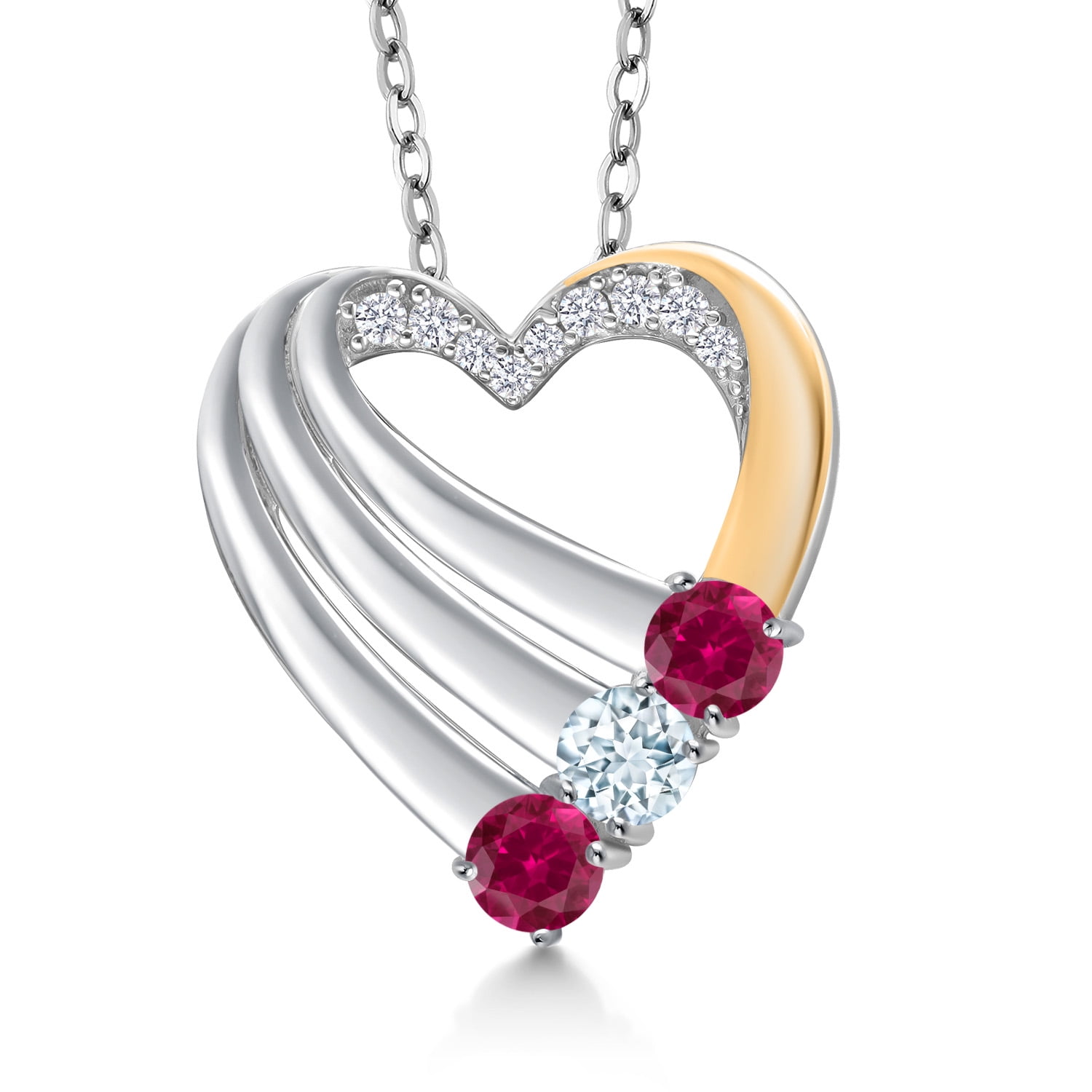 Gem Stone King 925 Silver and 10K Yellow Gold Red Created Ruby and Sky Blue Aquamarine and White Lab Grown Diamond Heart Pendant for Women | 0.85 Cttw | Gemstone July Birthstone | With 18 inch Chain