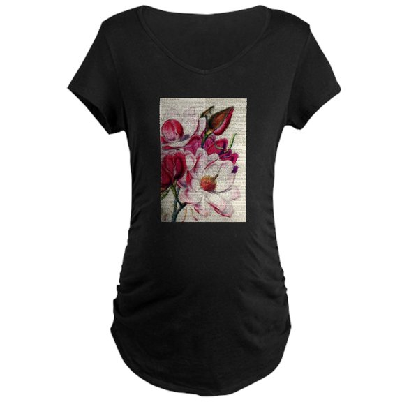 CafePress - RED MAGENTA FLOWER ON NEWSPAPER_VINTAGE Maternity - Maternity Dark T-Shirt