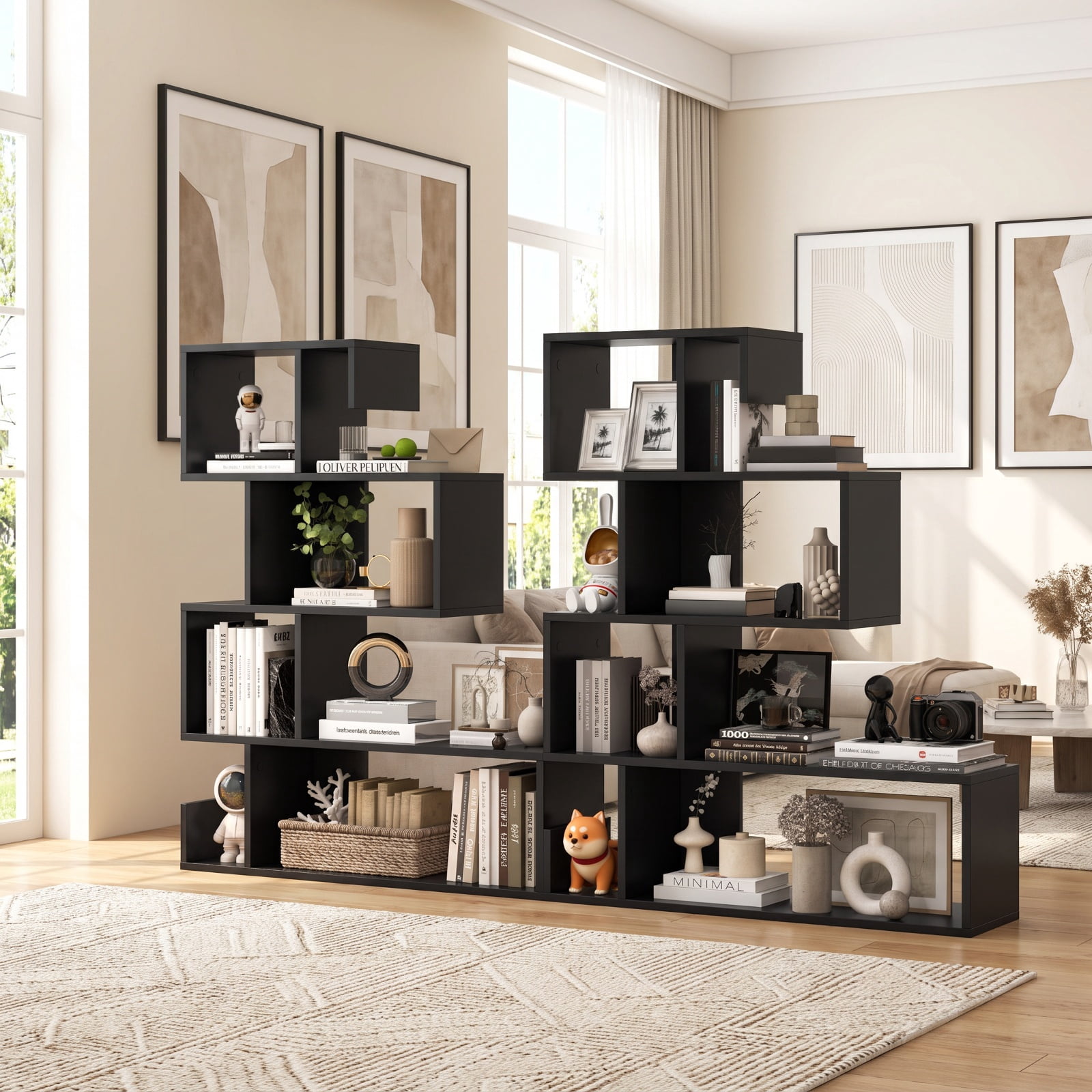 Furnibear 5-Tier S-Shaped Bookshelf Geometric Z-Shelf Bookcase with Open Cubes for Living Room Home Office Bedroom Display Storage Shelf, Black