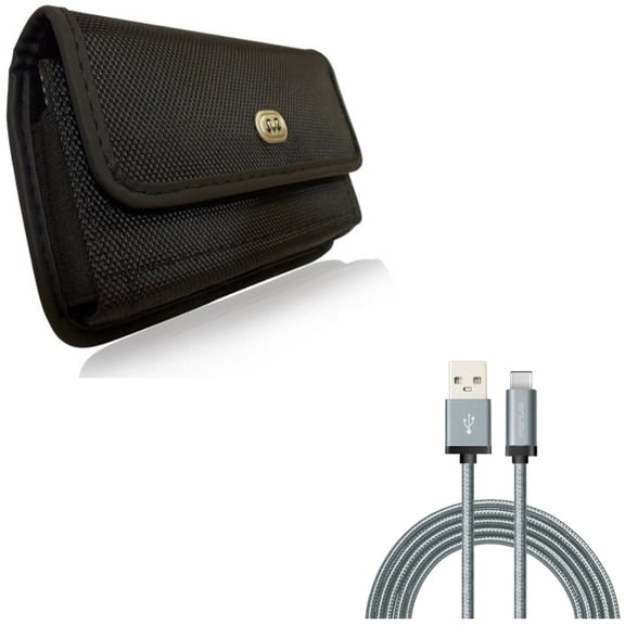 Charger Cord Type-C 6ft USB Cable w Holster Rugged Case Belt Clip E2A for Motorola Moto Z4 Z3 Play Z2 Play Z Play Droid Force Droid G7 - OnePlus 5T, 6, 6T - Razer Phone 2