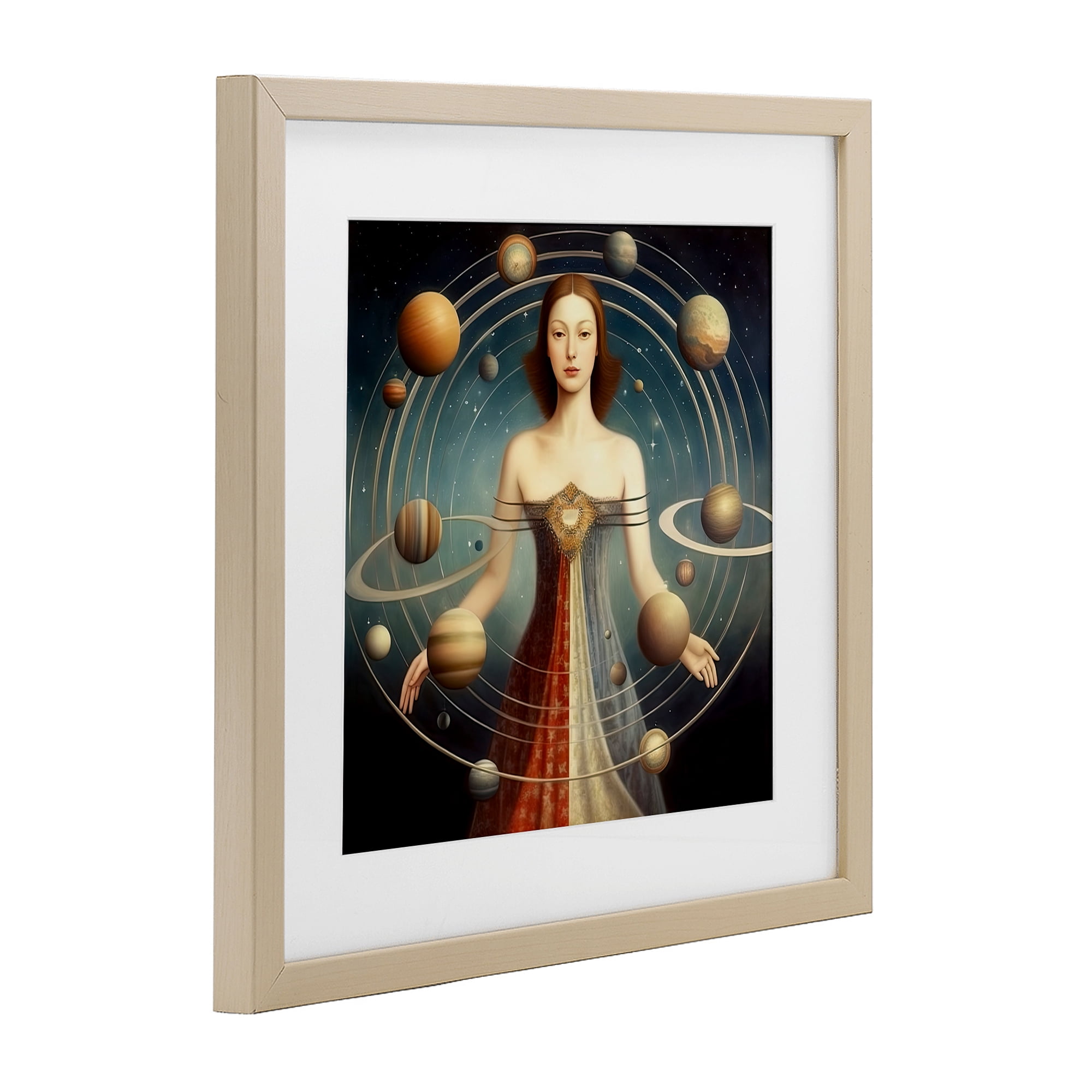 Galactic Orbits Woman Birch Framed Print Under Glass, design by Sasha