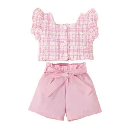 

Kucnuzki 4T Toddler Girl Summer Outfits Shorts Sets 5T Fly Sleeve Sweet Plaid Square Neck Butoon Crop Tops Elastic Cozy Shorts 2PCS Set Pink