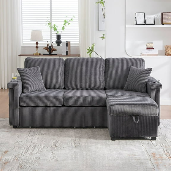 L-Shaped Sectional Sofa with Charging Station and Pull-Out Storage, Corduroy Fabric Convertible Design 3-Seat Sofa Couch with Storage Ottoman and Cup Holder for Living Room, Apartment, Dark Gray