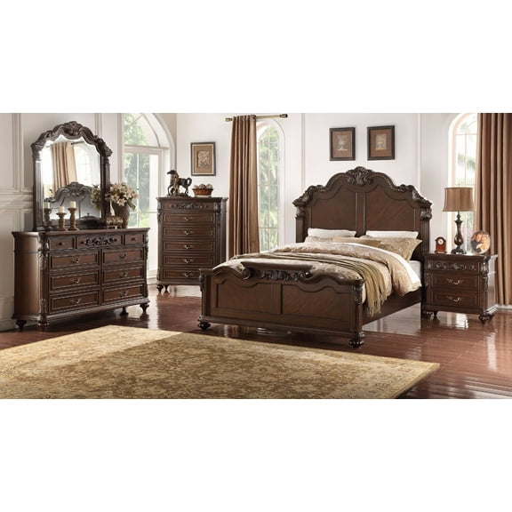 Bedroom Furniture Traditional Formal Eastern King Size Bed Dresser Mirror 2x Nightstands Chest 6pcs Set Dark Brown Plywood