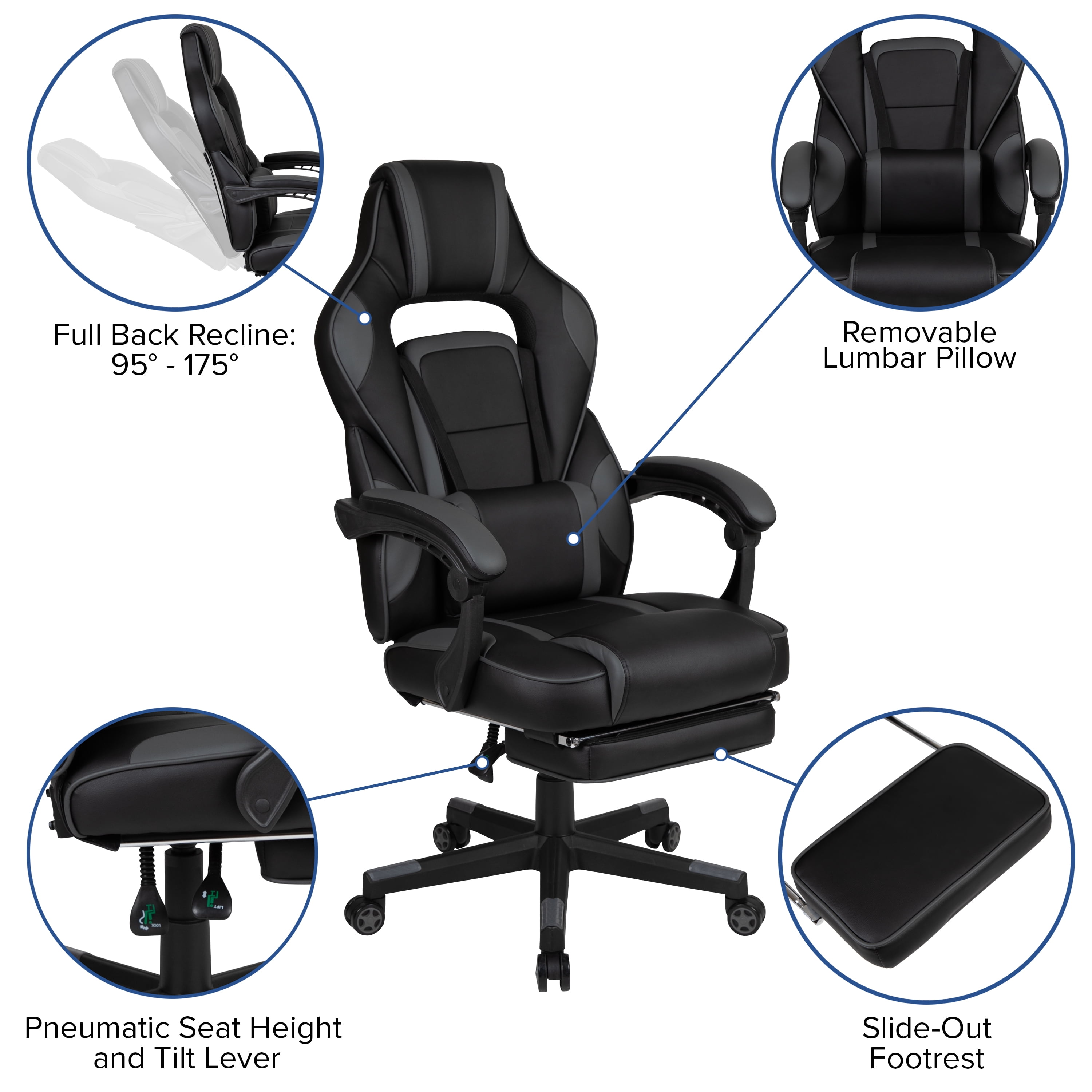 Emma + Oliver Black/Gray Ergonomic Gaming Chair -Recline Back/Arms, Footrest, Massaging Lumbar
