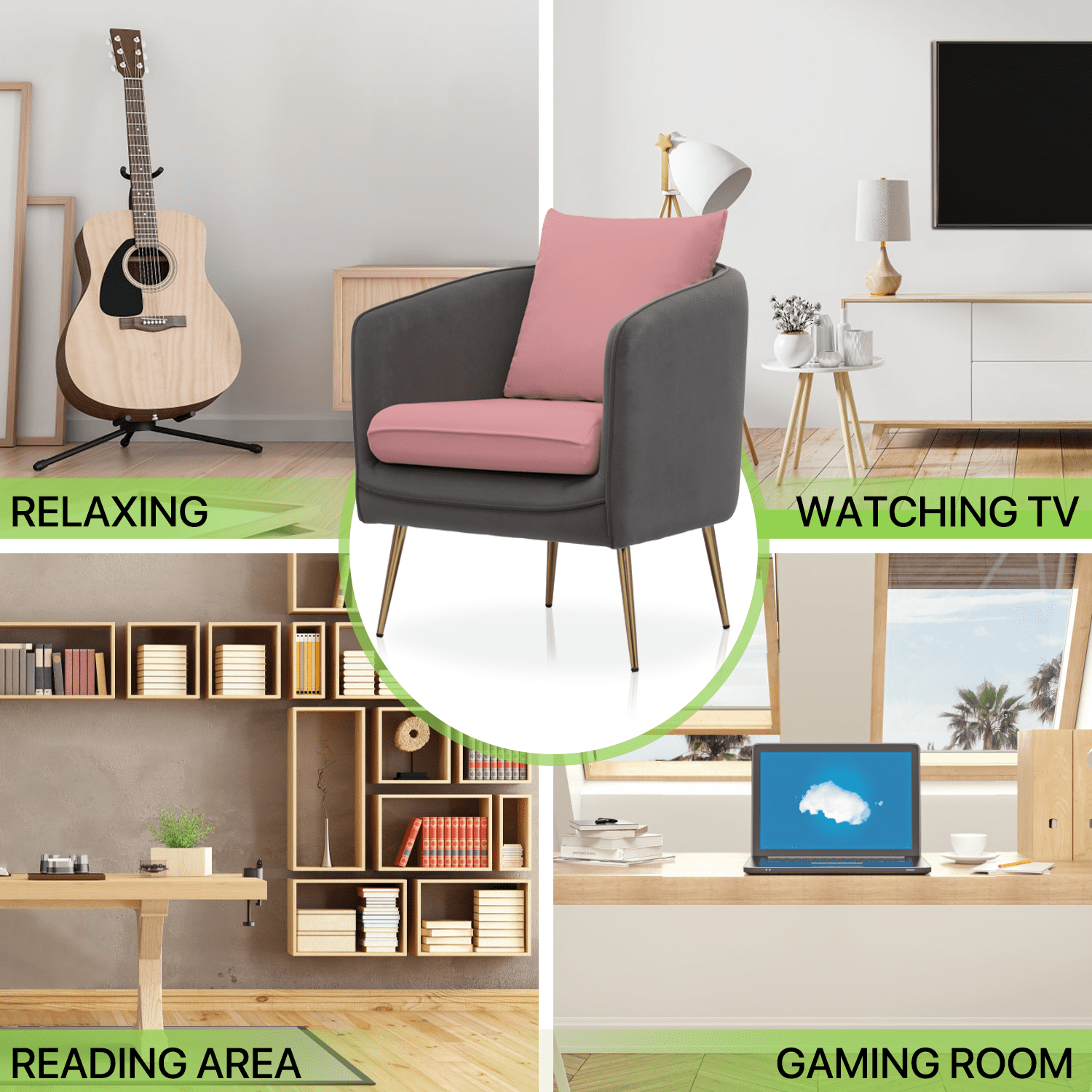 Magshion Accent Chair Upholstered Arm Chair with Armrest Living Room Chair Single Sofa Comfy Barrel Chair with Cushion for Bedroom, Pink/Grey