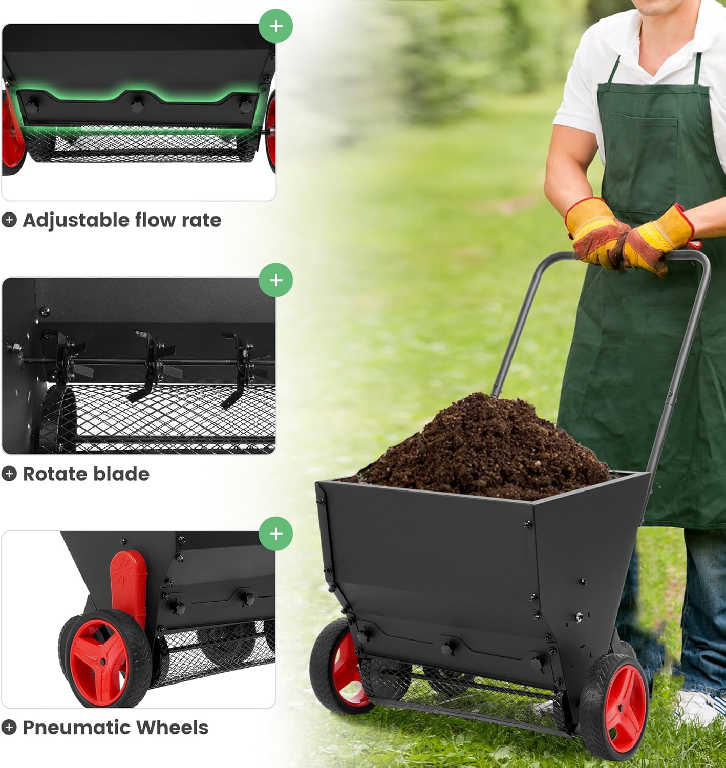 Kojem Compost Spreader W/Handle, 4 Wheels, Adjustable Rate Suitable for Lawn, Farm, Landscraping, Lawn Drop Spreader, Topdresser Push Garden Seeder Garden Tool Cart for Fertilizer, Grass, Seed
