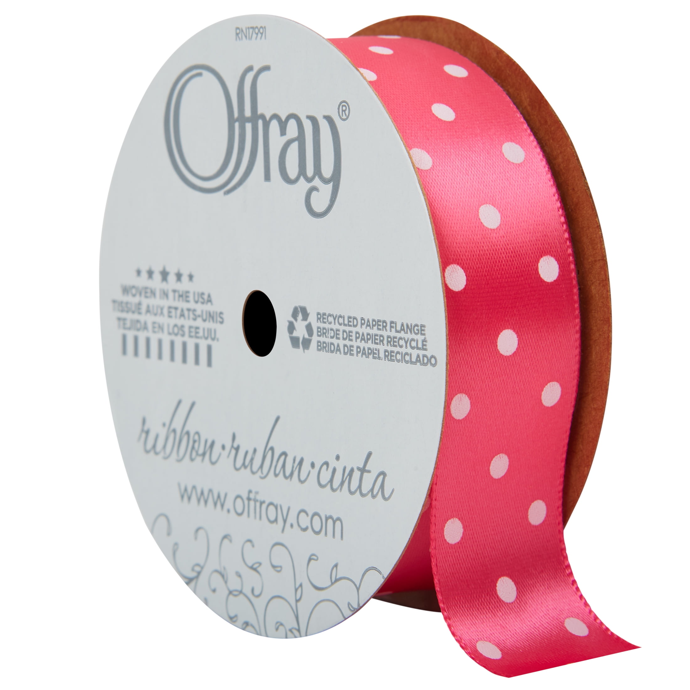 Offray Ribbon, Hot Pink Dot on White 7/8 inch Single Face Satin Polyester Ribbon, 9 feet