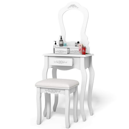 Bedroom Vanity Table With Drawers Ktaxon Vanity Wood Makeup Dressing Table Stool Set Bedroom with Mirror & 3 Drawers Girls Women Bedroom Makeup Table White ()