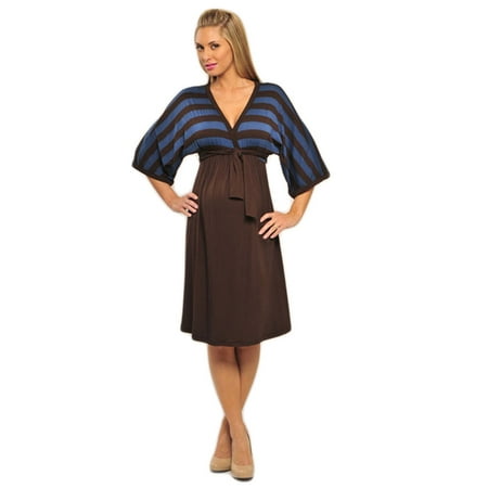 

OLIAN Maternity Women s Brown Blue Stripe V-Neck Front & Back Dress