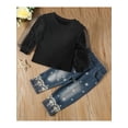 thumbnail image 2 of 2Pcs Little Girls Trousers Set Mesh Stitching Shirts Long Puff Sleeve Ribbed Round Neck Tops Star Snowflake High Waist Jeans Pant, 2 of 9