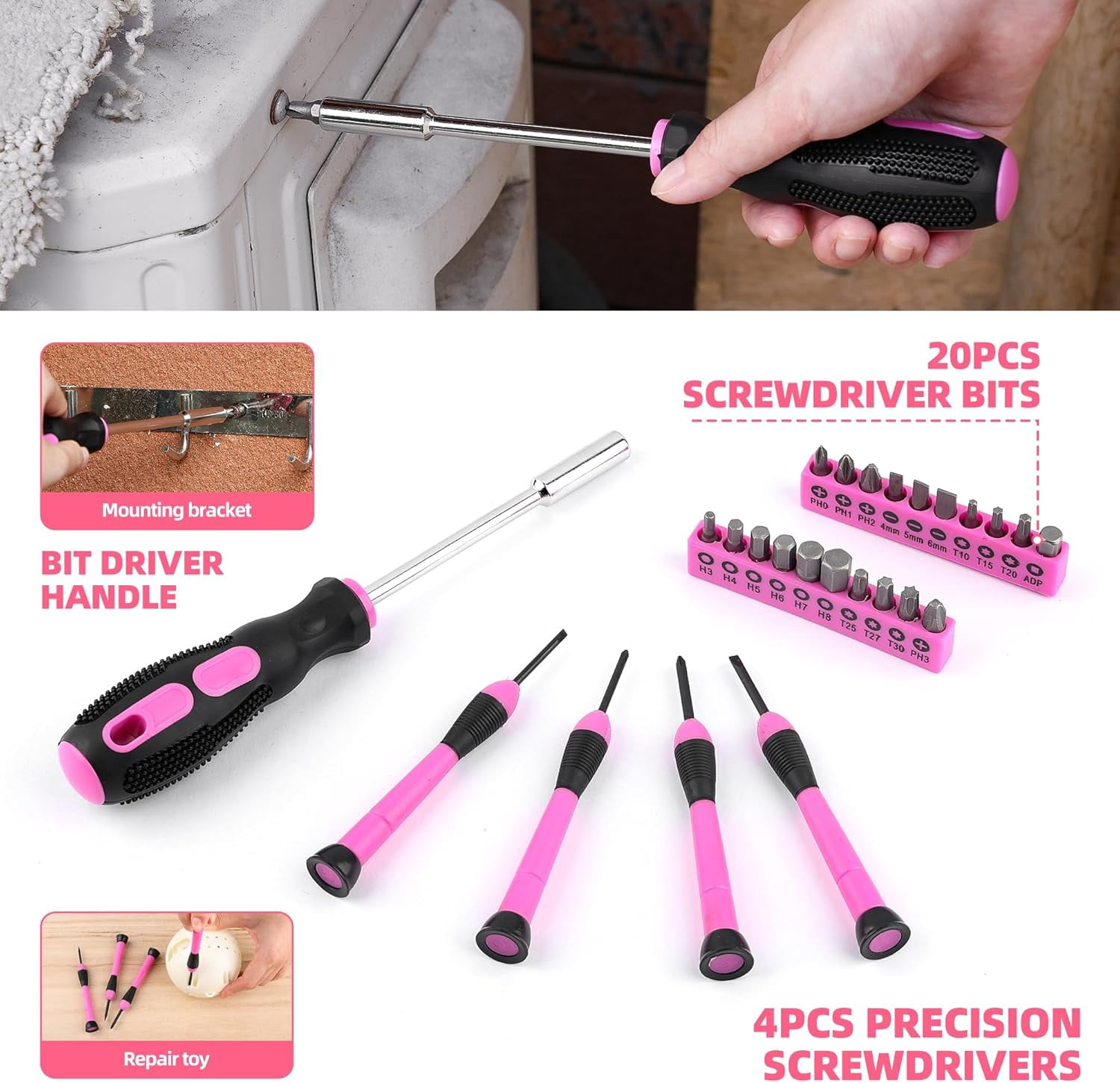 125 PCS Pink Household Tool Set, Pink Ladies Basic House DIY Toolkit Set for Home Garage Office College Dormitory Use, Hand Tool Kits for Women