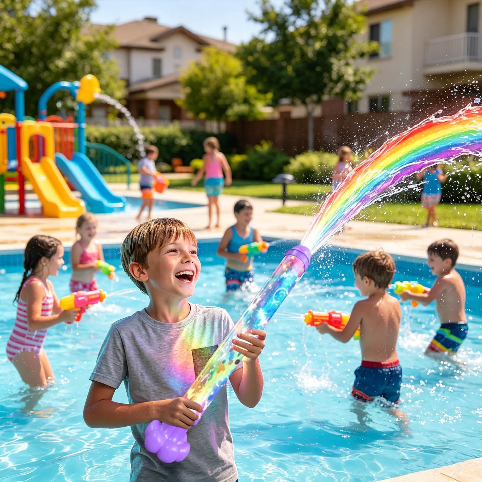 Glowing Rainbow LED Water Blaster | Summer Fun that Pops Like Magic, Fireworks Water Spray Gun with Lights, Pull Push Firework Water Blaster Toys for Outdoor Summer Water Games