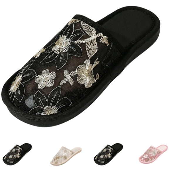 Women’s Floral Lace Embroidery Open Toe House Slippers, Breathable Mesh Slip On Indoor Bedroom Slippers Non Slip Soft Sole Casual Home Shoes for Ladies,Black 41