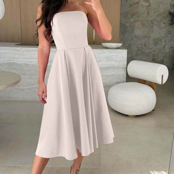 Jesvior Strapless Dress for Women Off Shoulder Tube Solid Pleated A Line Wedding Guest Party Cocktail Dress Summer Drop Waist Elegant Cusual Vacation Clothes