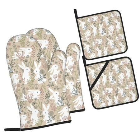 

Sikiie Retro Bunny Flower Oven Mitts and Pot Holders Silicone Oven Gloves Heat Resistant Oven Mitts 4Pcs Set