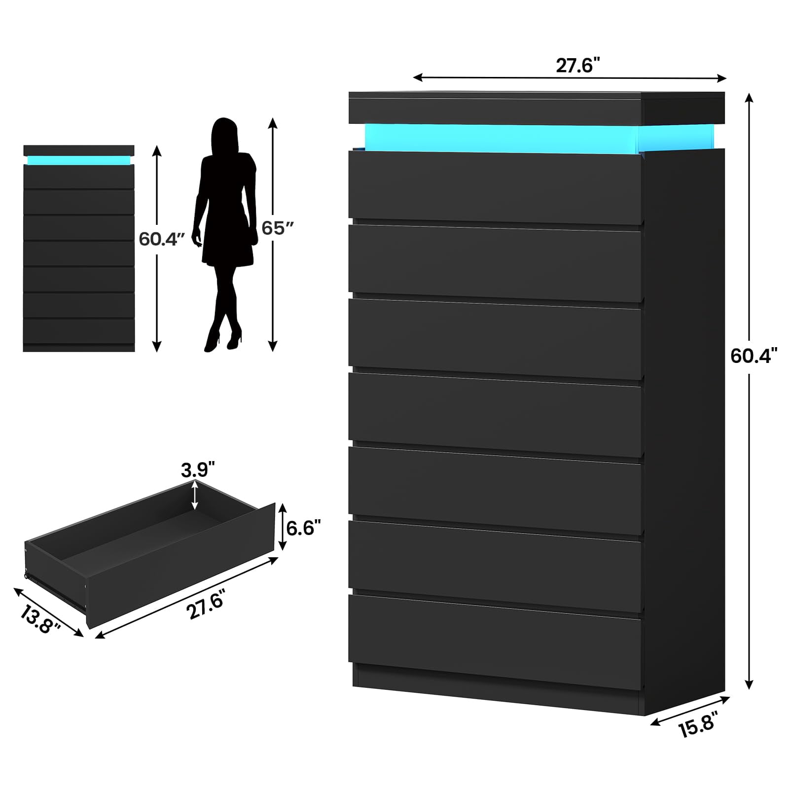7 Drawer dresser with LED lights,chest of 7 drawers,modern large capacity storage cabinet with deep drawers, Black dresser for bedroom, living room